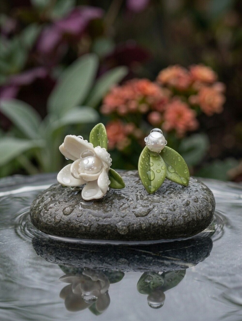 Mismatched Flower and Leaf Resin Stud Earrings 925 Silver Post Cottagecore 1" - Picture 7 of 16